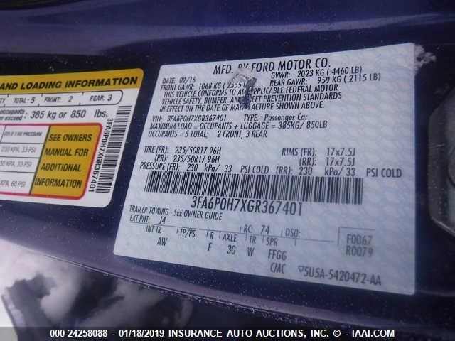 3FA6P0H7XGR367401 - 2016 FORD FUSION SE BLUE photo 9