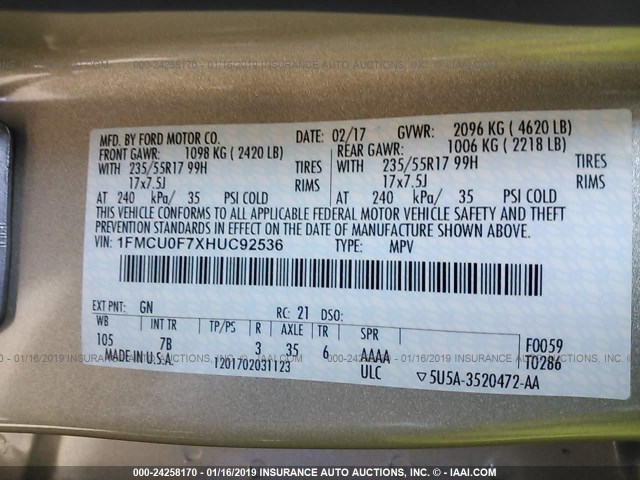 1FMCU0F7XHUC92536 - 2017 FORD ESCAPE S SILVER photo 9