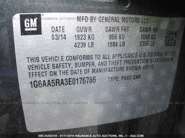 1G6AA5RA3E0176786 - 2014 CADILLAC ATS GRAY photo 9