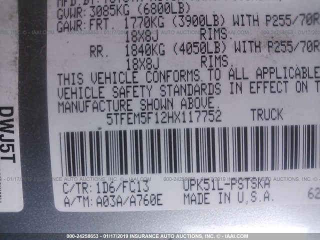 5TFEM5F12HX117752 - 2017 TOYOTA TUNDRA CREWMAX SR5 SILVER photo 9