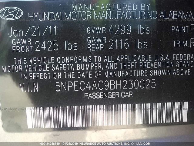 5NPEC4AC9BH230025 - 2011 HYUNDAI SONATA SE/LIMITED GRAY photo 9