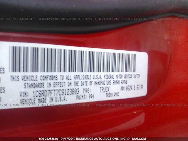 1C6RD7FT7CS123803 - 2012 DODGE RAM 1500 ST RED photo 9