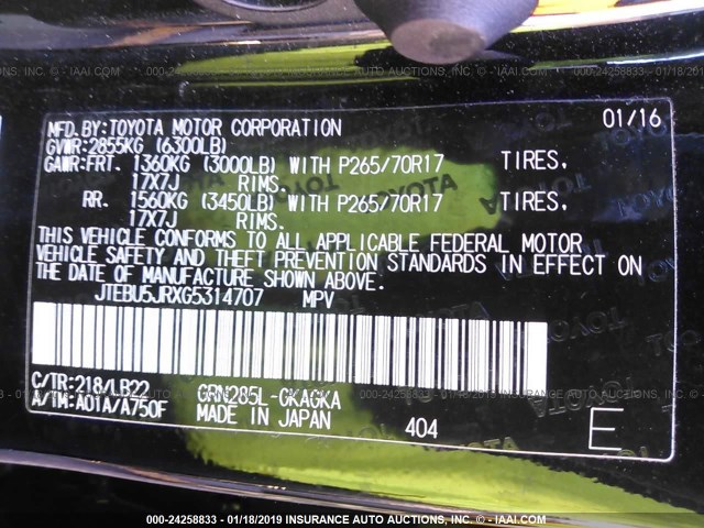 JTEBU5JRXG5314707 - 2016 TOYOTA 4RUNNER SR5 PREM/LTDL/TRAIL/TRD BLACK photo 9