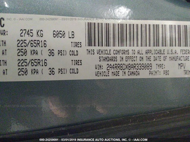 2A4RR8DX8AR339089 - 2010 CHRYSLER TOWN & COUNTRY TOURING PLUS Light Blue photo 9