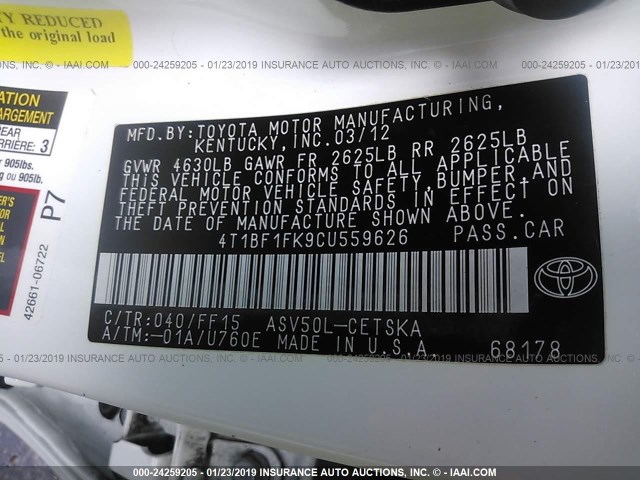 4T1BF1FK9CU559626 - 2012 TOYOTA CAMRY SE/LE/XLE 白色 照片 9