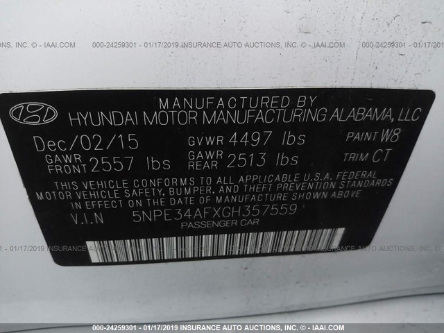 5NPE34AFXGH357559 - 2016 HYUNDAI SONATA SPORT/LIMITED WHITE photo 9