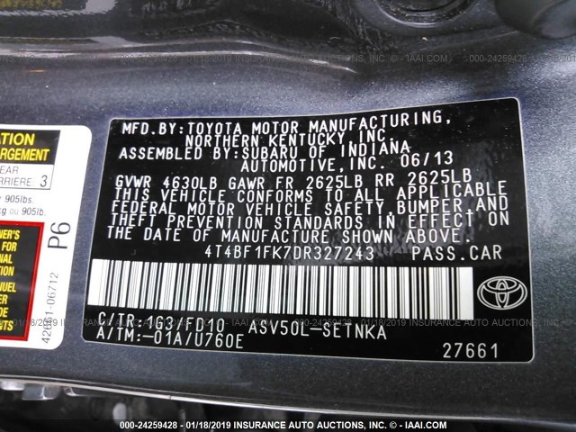 4T4BF1FK7DR327243 - 2013 TOYOTA CAMRY L/SE/LE/XLE GRAY photo 9