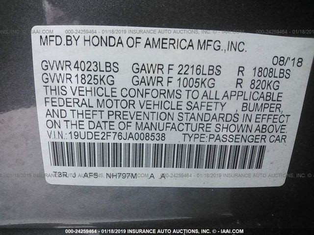 19UDE2F76JA008538 - 2018 ACURA ILX PREMIUM/TECH GRAY photo 9