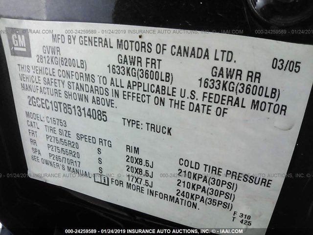 2GCEC19T851314085 - 2005 CHEVROLET SILVERADO C1500 BLACK photo 9