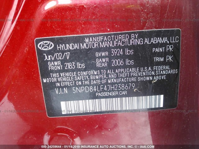 5NPD84LF4JH238679 - 2018 HYUNDAI ELANTRA SEL/VALUE/LIMITED RED photo 9