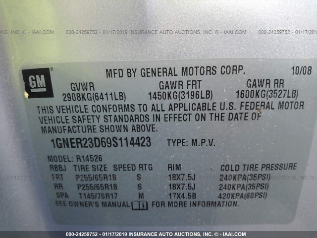 1GNER23D69S114423 - 2009 CHEVROLET TRAVERSE LT SILVER photo 9