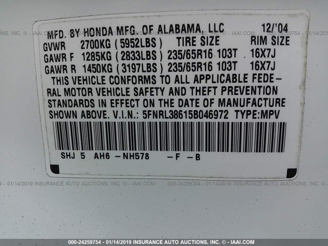 5FNRL38615B046972 - 2005 HONDA ODYSSEY EXL WHITE photo 9