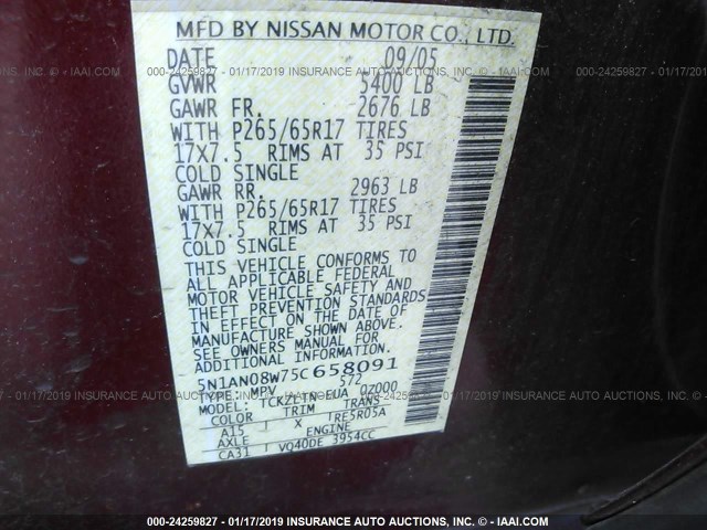 5N1AN08W75C658091 - 2005 NISSAN XTERRA RED photo 9