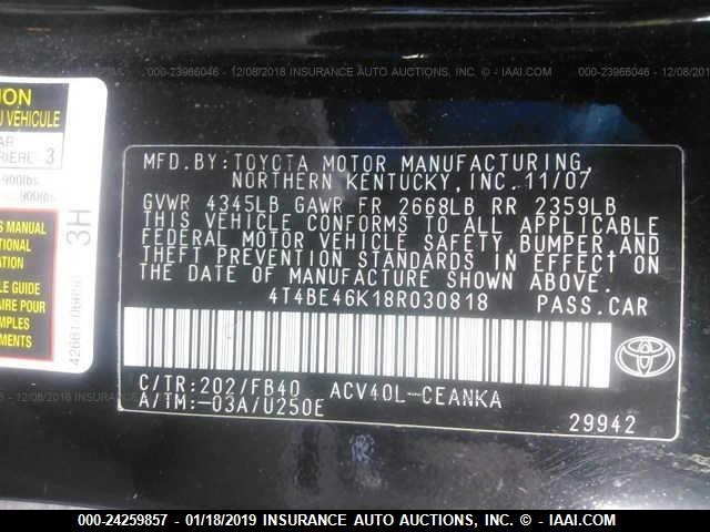 4T4BE46K18R030818 - 2008 TOYOTA CAMRY CE/LE/XLE/SE BLACK photo 9