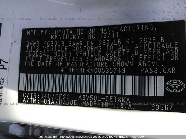 4T1BF1FK4CU535749 - 2012 TOYOTA CAMRY SE/LE/XLE 白色 照片 9