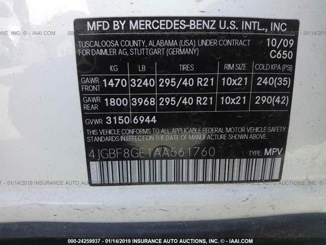 4JGBF8GE1AA561760 - 2010 MERCEDES-BENZ GL WHITE photo 9