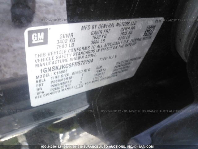 1GNSKJKC9FR572194 - 2015 CHEVROLET SUBURBAN BLACK photo 9