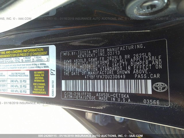 4T1BF1FK7DU230649 - 2013 TOYOTA CAMRY L/SE/LE/XLE 黑色 照片 9