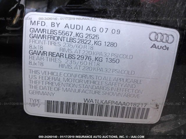 WA1LKAFP4AA018217 - 2010 AUDI Q5 PREMIUM PLUS BLACK photo 9