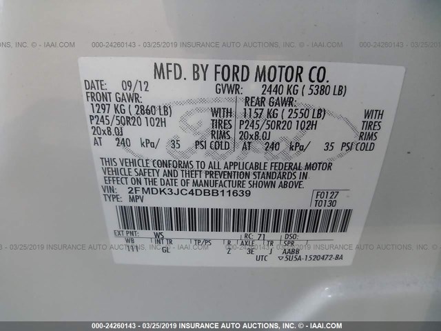 2FMDK3JC4DBB11639 - 2013 FORD EDGE SEL WHITE photo 9