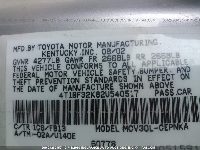 4T1BF32K82U540517 - 2002 TOYOTA CAMRY LE/XLE/SE SILVER photo 9