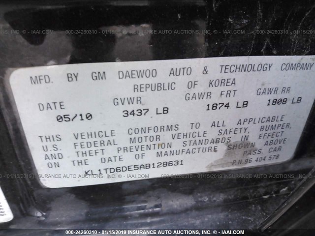 KL1TD6DE5AB128631 - 2010 CHEVROLET AVEO LS/LT BLACK photo 9