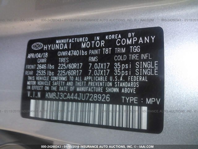 KM8J3CA44JU728926 - 2018 HYUNDAI TUCSON SILVER photo 9