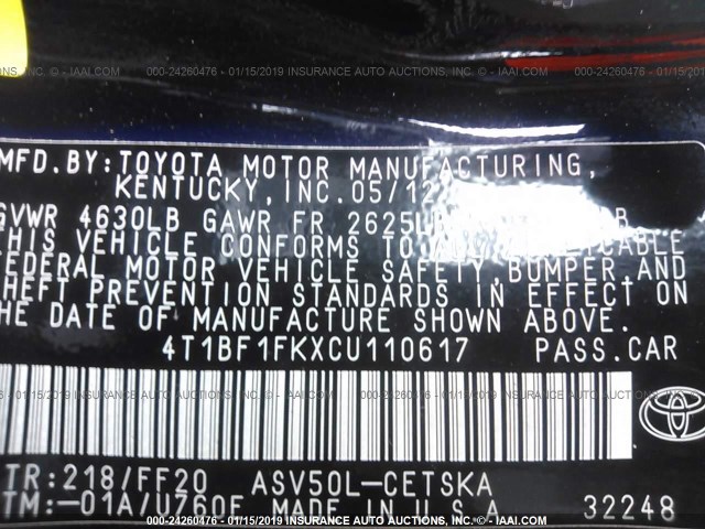 4T1BF1FKXCU110617 - 2012 TOYOTA CAMRY SE/LE/XLE 黑色 照片 9