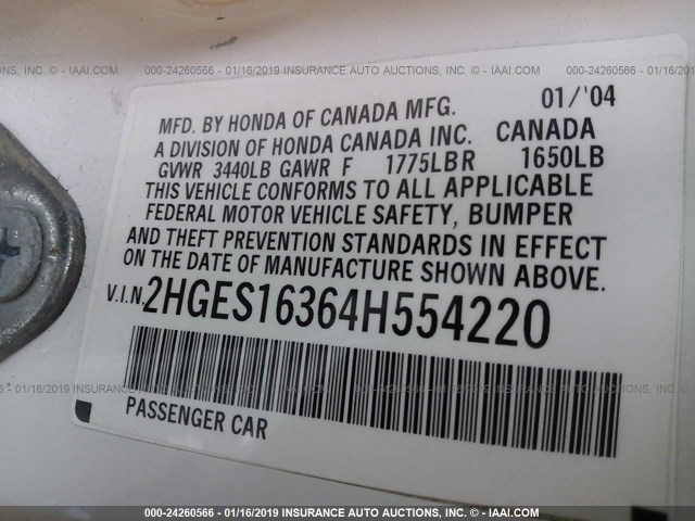 2HGES16364H554220 - 2004 HONDA CIVIC DX VP WHITE photo 9