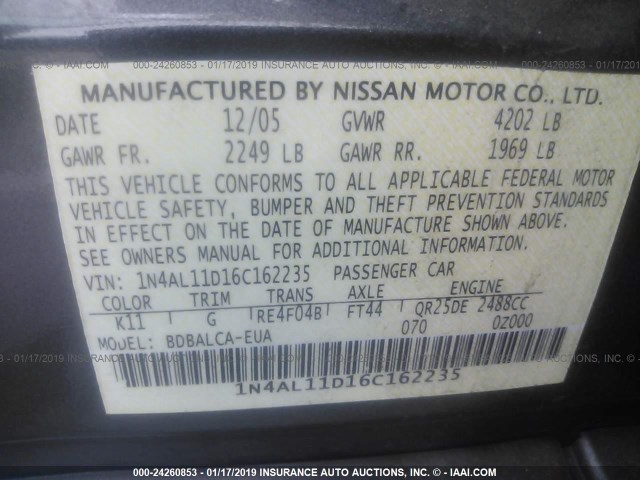 1N4AL11D16C162235 - 2006 NISSAN ALTIMA S/SL GRAY photo 9