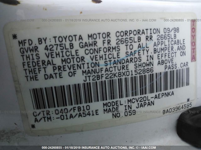 JT2BF22K8X0152886 - 1999 TOYOTA CAMRY LE/XLE 白色 照片 9