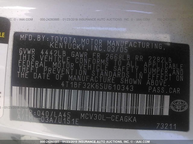 4T1BF32K65U610343 - 2005 TOYOTA CAMRY LE/XLE/SE WHITE photo 9