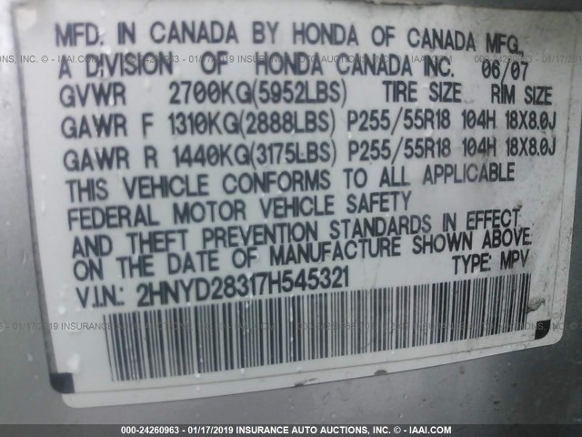 2HNYD28317H545321 - 2007 ACURA MDX TECHNOLOGY SILVER photo 9