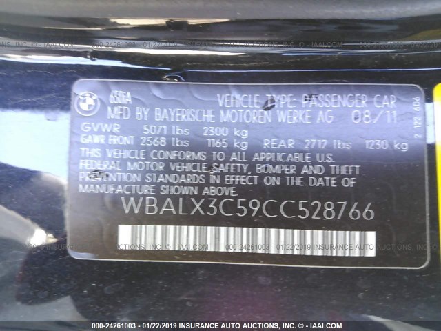 WBALX3C59CC528766 - 2012 BMW 650 I Dark Blue photo 9