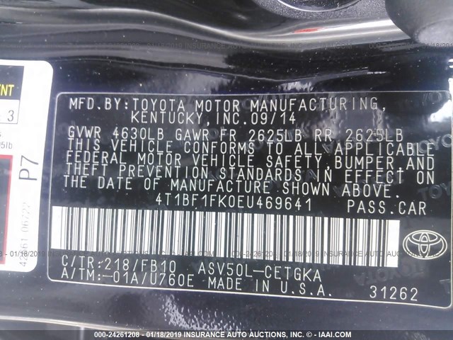 4T1BF1FK0EU469641 - 2014 TOYOTA CAMRY L/SE/LE/XLE 黑色 照片 9
