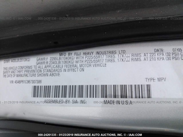 4S4BP61C967307386 - 2006 SUBARU LEGACY OUTBACK 2.5I SILVER photo 9