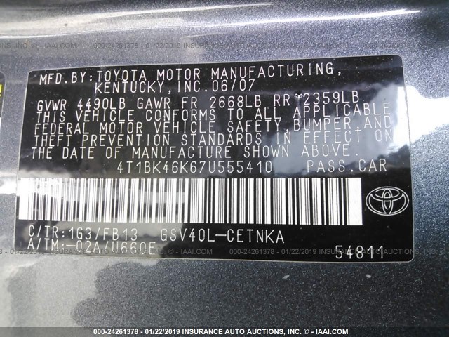 4T1BK46K67U555410 - 2007 TOYOTA CAMRY NEW GENERAT LE/XLE/SE GRAY photo 9
