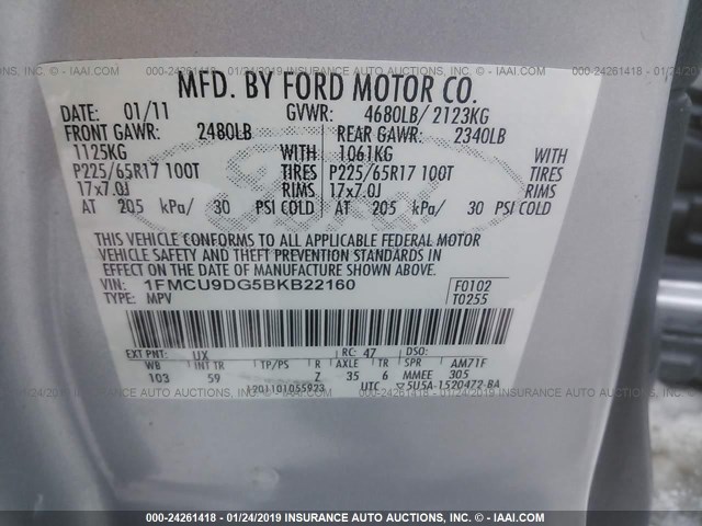 1FMCU9DG5BKB22160 - 2011 FORD ESCAPE XLT SILVER photo 9