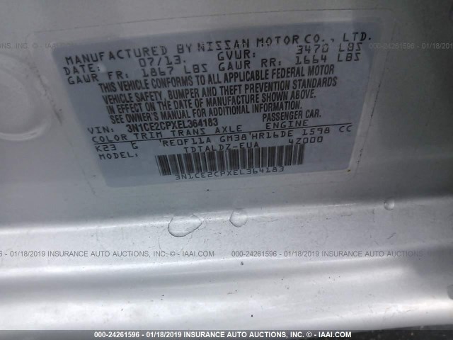 3N1CE2CPXEL364183 - 2014 NISSAN VERSA NOTE S/S PLUS/SV/SL SILVER photo 9
