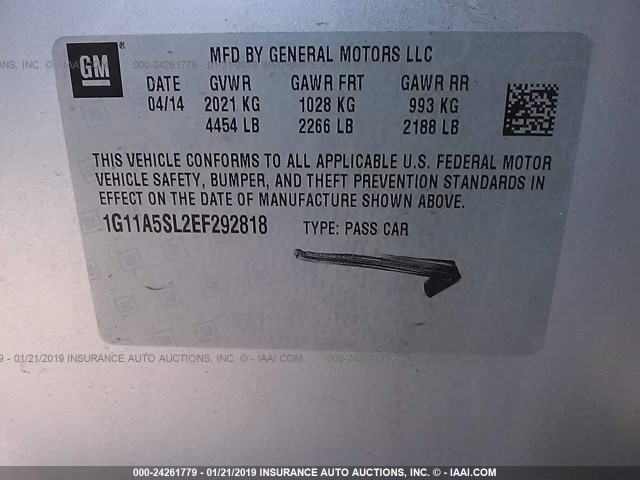 1G11A5SL2EF292818 - 2014 CHEVROLET MALIBU LS SILVER photo 9