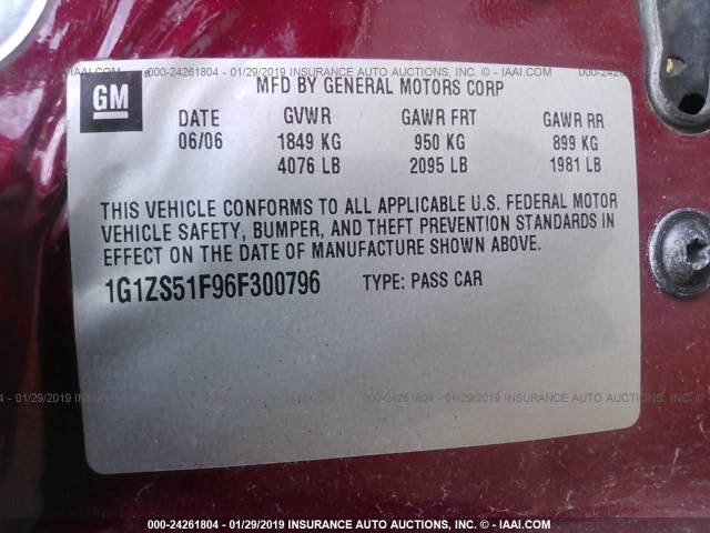 1G1ZS51F96F300796 - 2006 CHEVROLET MALIBU LS Tünd qırmızı foto 9