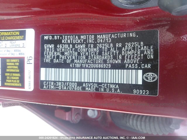 4T1BF1FK2DU686929 - 2013 TOYOTA CAMRY L/SE/LE/XLE 红色 照片 9