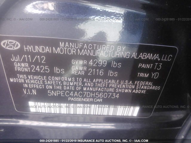 5NPEC4AC7DH560734 - 2013 HYUNDAI SONATA SE/LIMITED Dark Blue photo 9