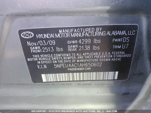 5NPEU4AC1AH650602 - 2010 HYUNDAI SONATA SE/LIMITED GRAY photo 9