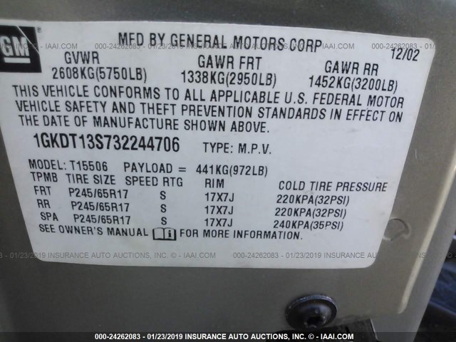 1GKDT13S732244706 - 2003 GMC ENVOY GRAY photo 9