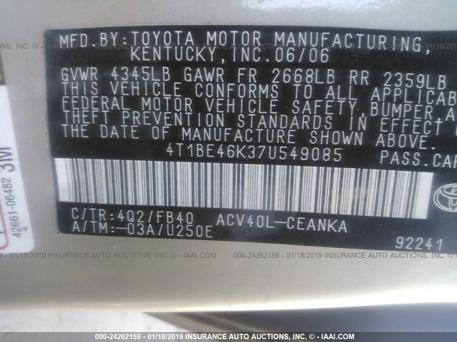 4T1BE46K37U549085 - 2007 TOYOTA CAMRY NEW GENERAT CE/LE/XLE/SE GOLD photo 9