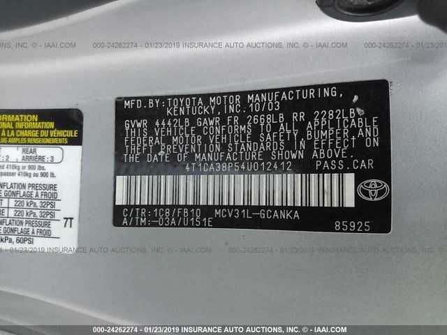 4T1CA38P54U012412 - 2004 TOYOTA CAMRY SOLARA SE/SLE SILVER photo 9