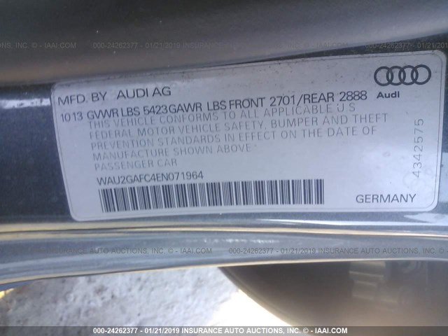 WAU2GAFC4EN071964 - 2014 AUDI A7 PRESTIGE GRAY photo 9