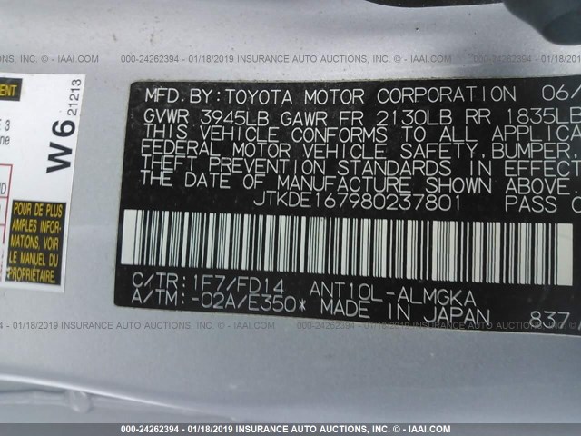 JTKDE167980237801 - 2008 TOYOTA SCION TC 银色 照片 9