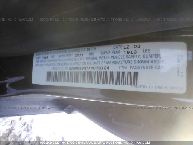 3VWRK69M74M078124 - 2004 VOLKSWAGEN JETTA GL BLACK photo 9